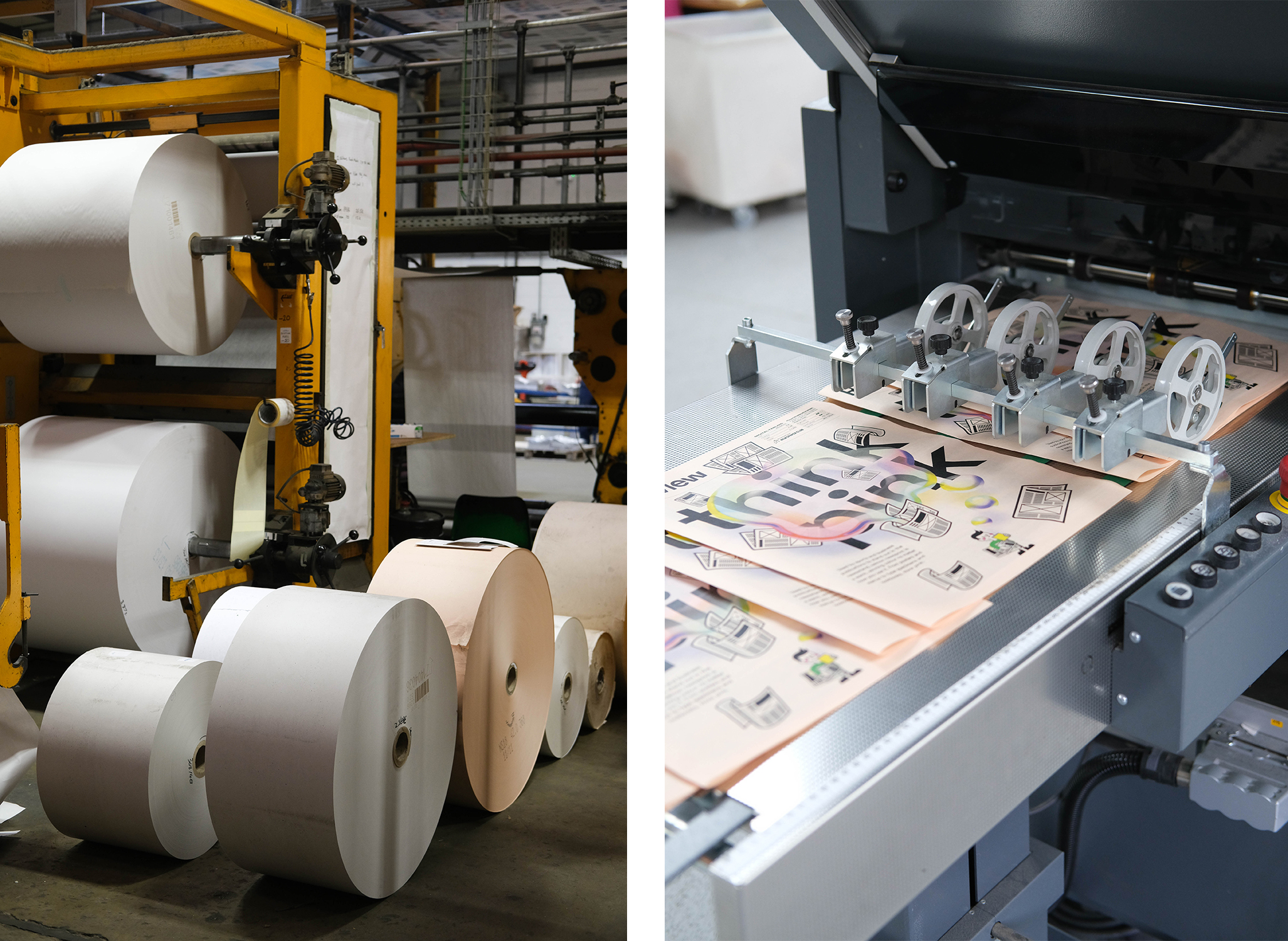Two images of the Newspaper Club printing press. Image on left shows several large reels of newsprint in a warehouse. Image on right shows tabloid newspapers emerging from a printer. Text on the front page of the newspapers reads: "Think Pink"