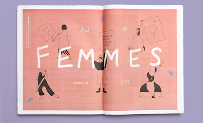 Pink tabloid newspaper saying femmes on it, on purple background